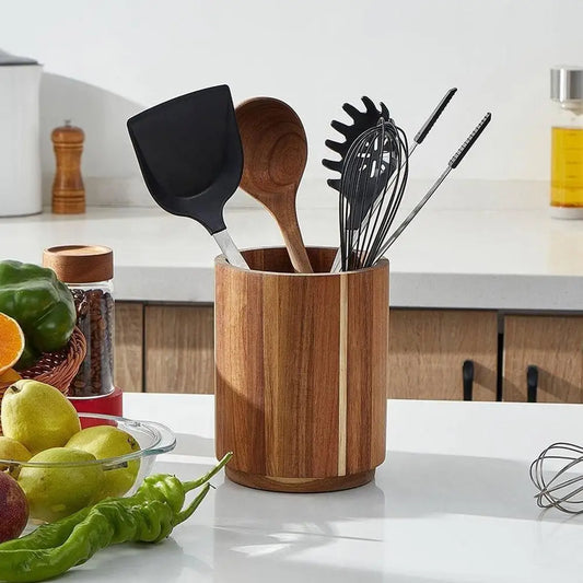 Wooden Kitchen Utensil Holder - Round Countertop Organizer & Storage Box