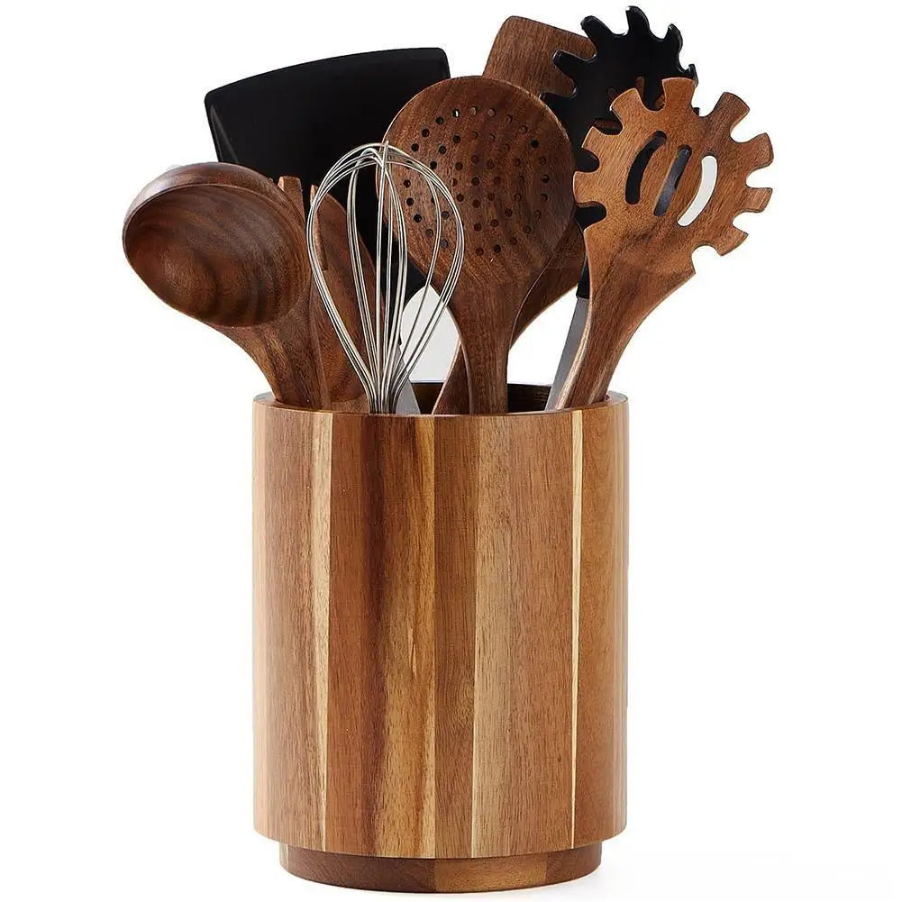 Wooden Kitchen Utensil Holder - Round Countertop Organizer & Storage Box