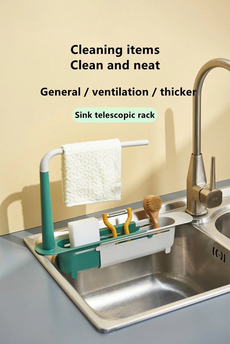 Telescopic Sink Shelf Organizer - Expandable Soap & Sponge Holder Drain Rack
