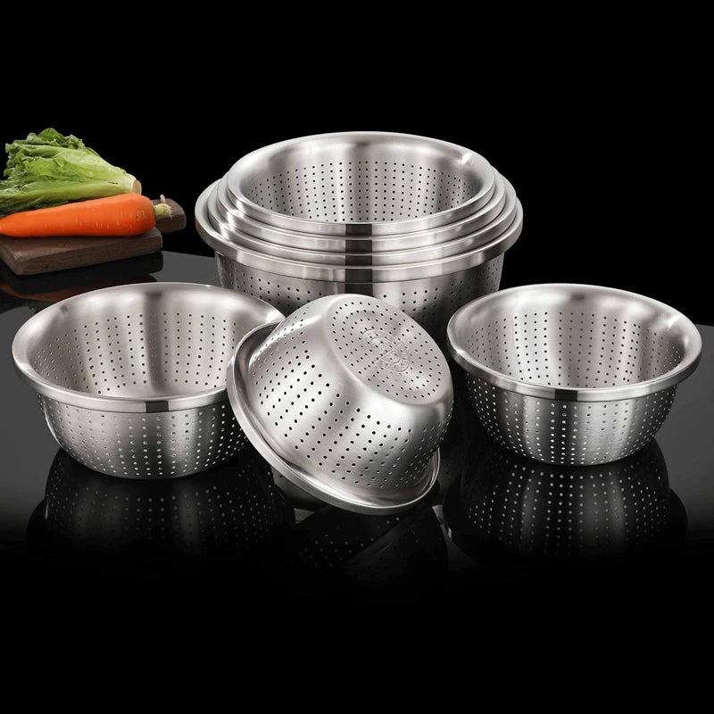 Stainless Steel Drain Basket Colander Round Rice Cleaning Sieve Fruit Vegetable Washing Basin Strainer Filter Kitchen Utensils