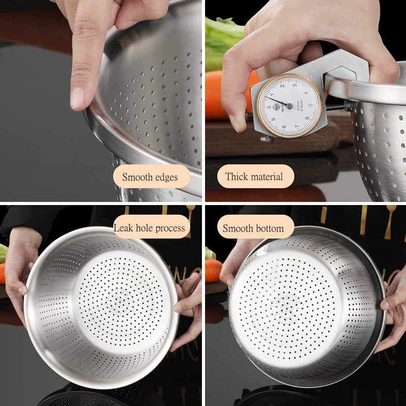 Stainless Steel Drain Basket Colander Round Rice Cleaning Sieve Fruit Vegetable Washing Basin Strainer Filter Kitchen Utensils