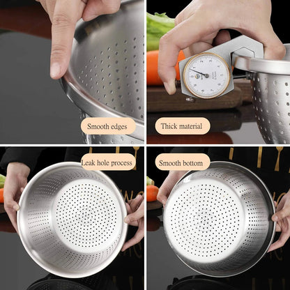 Stainless Steel Drain Basket Colander Round Rice Cleaning Sieve Fruit Vegetable Washing Basin Strainer Filter Kitchen Utensils