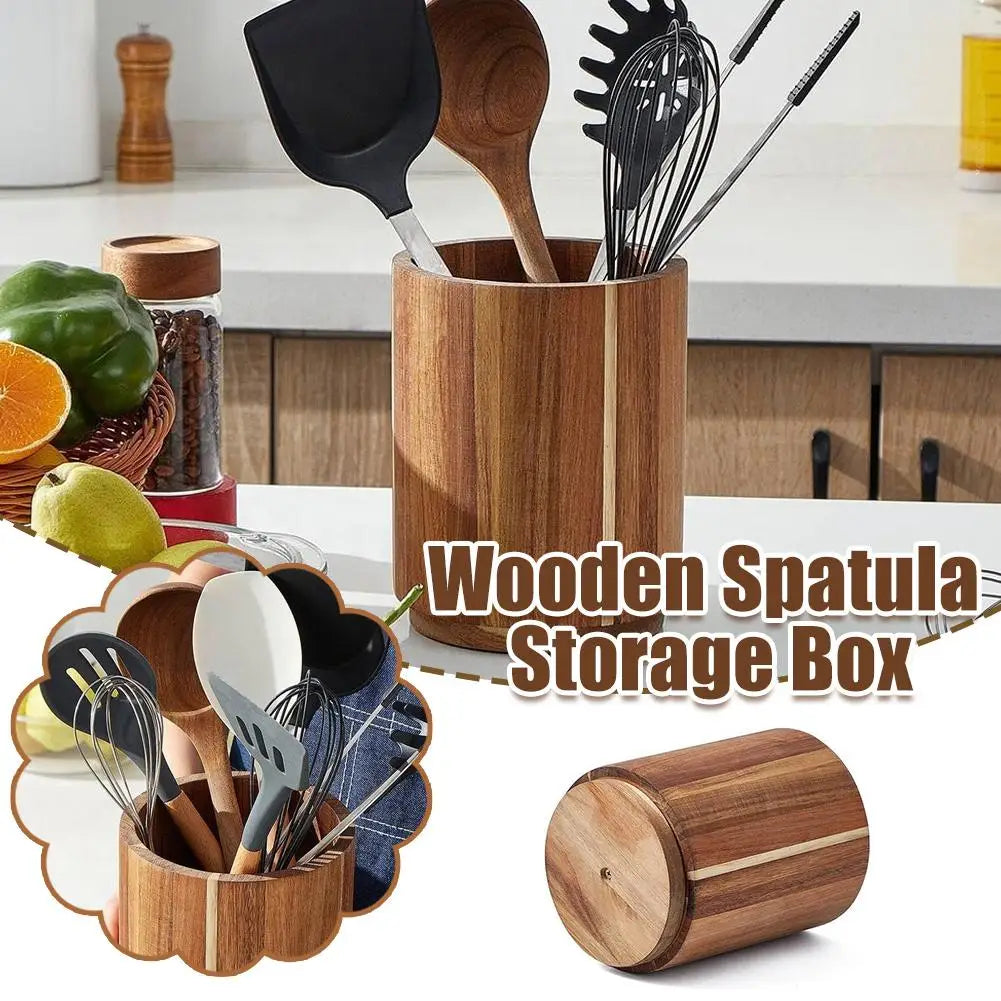 Wooden Kitchen Utensil Holder - Round Countertop Organizer & Storage Box