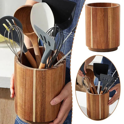 Wooden Kitchen Utensil Holder - Round Countertop Organizer & Storage Box