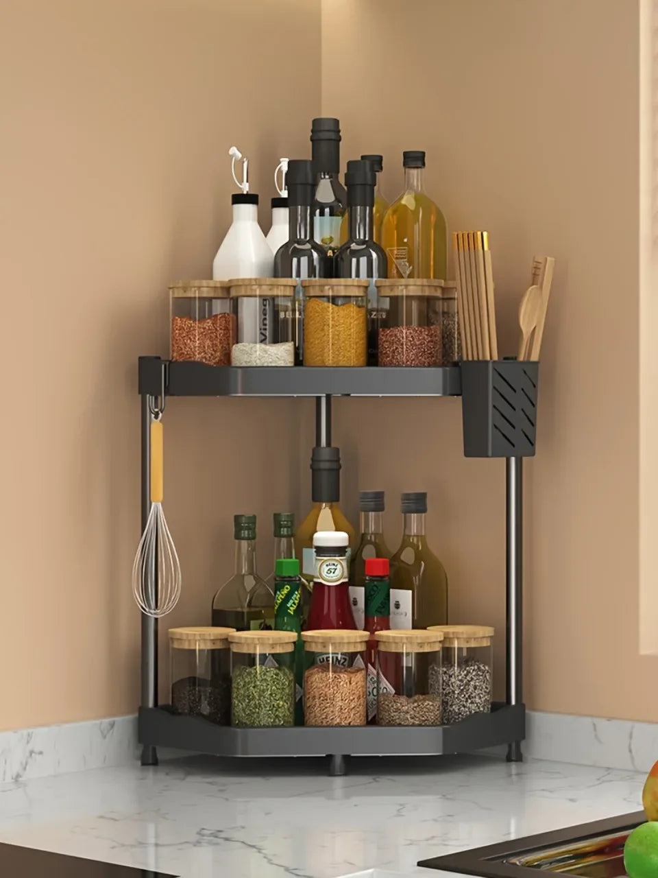 3-Tier Kitchen Spice Rack Organizer - Corner Countertop Seasoning Shelf with Chopstick Holder