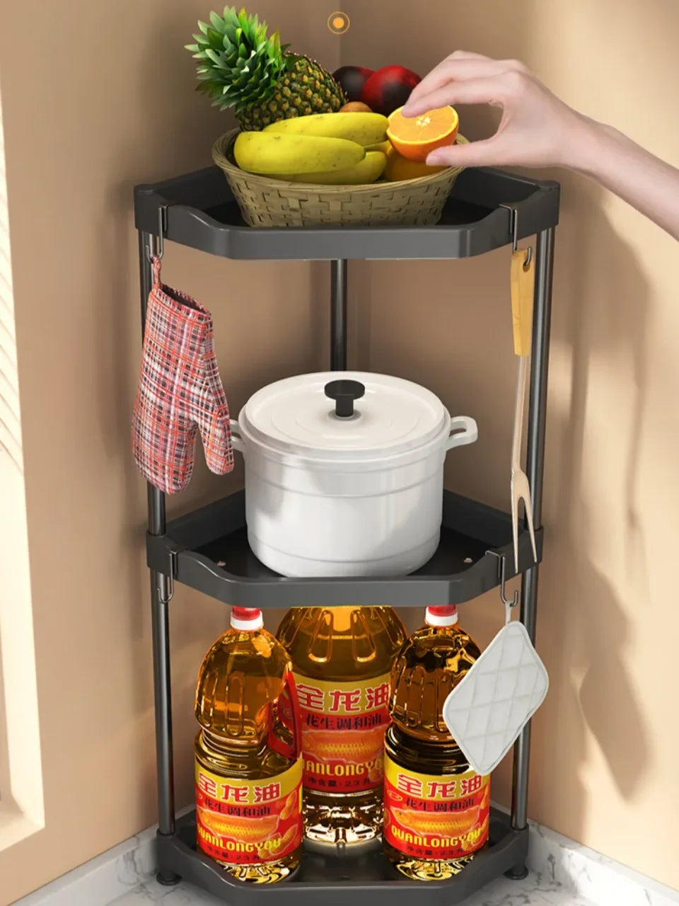 3-Tier Kitchen Spice Rack Organizer - Corner Countertop Seasoning Shelf with Chopstick Holder