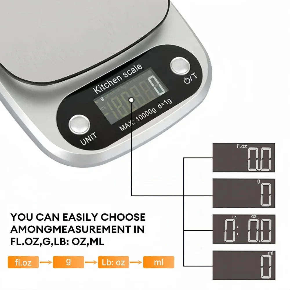 Digital Kitchen Scale 10kg - Stainless Steel LCD Electronic Food Scale