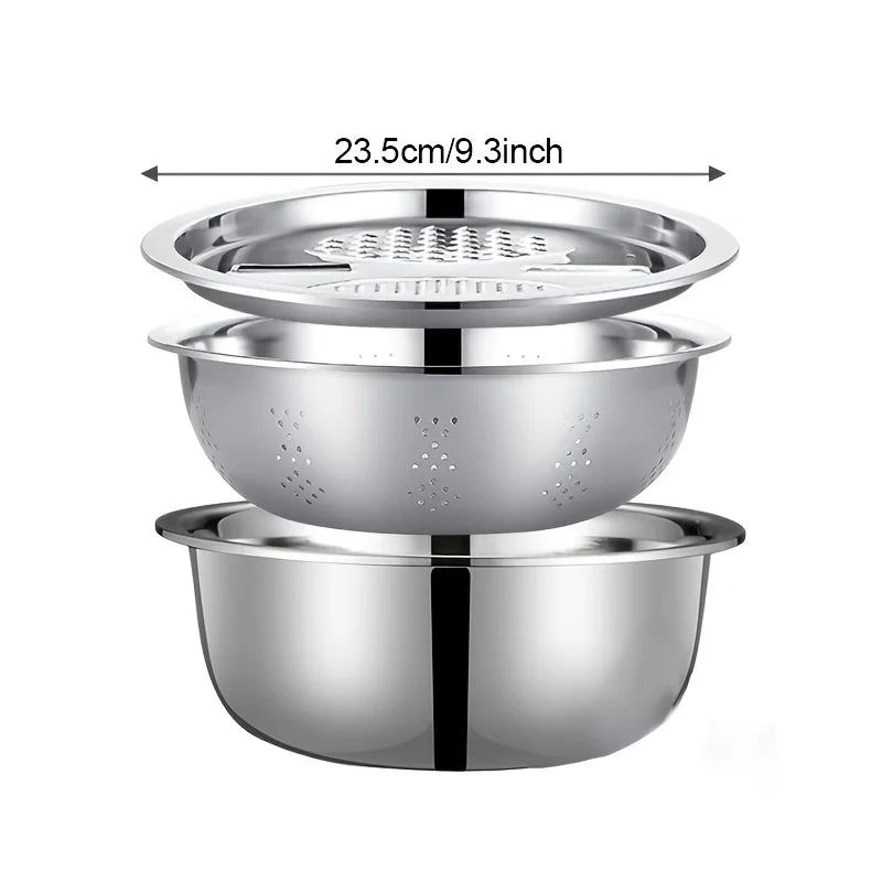 3-Piece Stainless Steel Kitchen Set - Grinder, Multi-Filter & Mixing Bowl