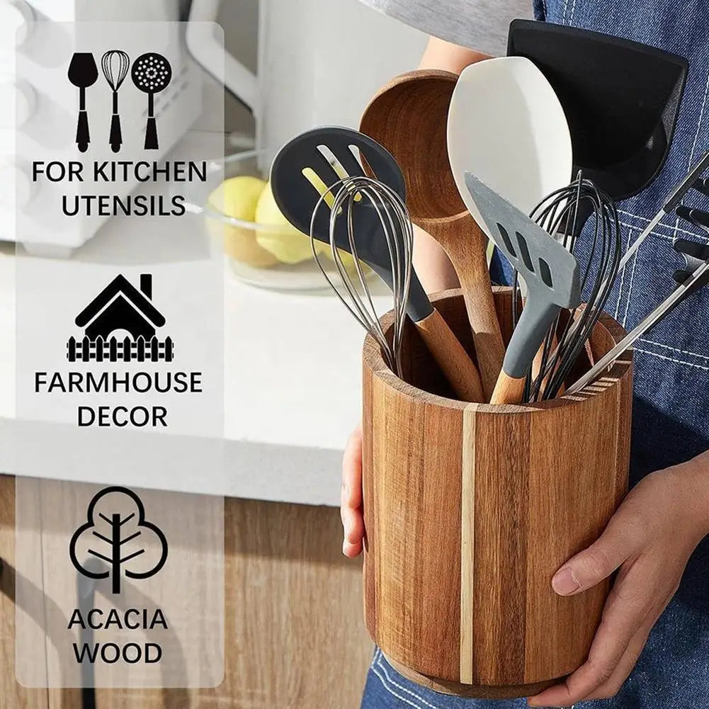 Wooden Kitchen Utensil Holder - Round Countertop Organizer & Storage Box