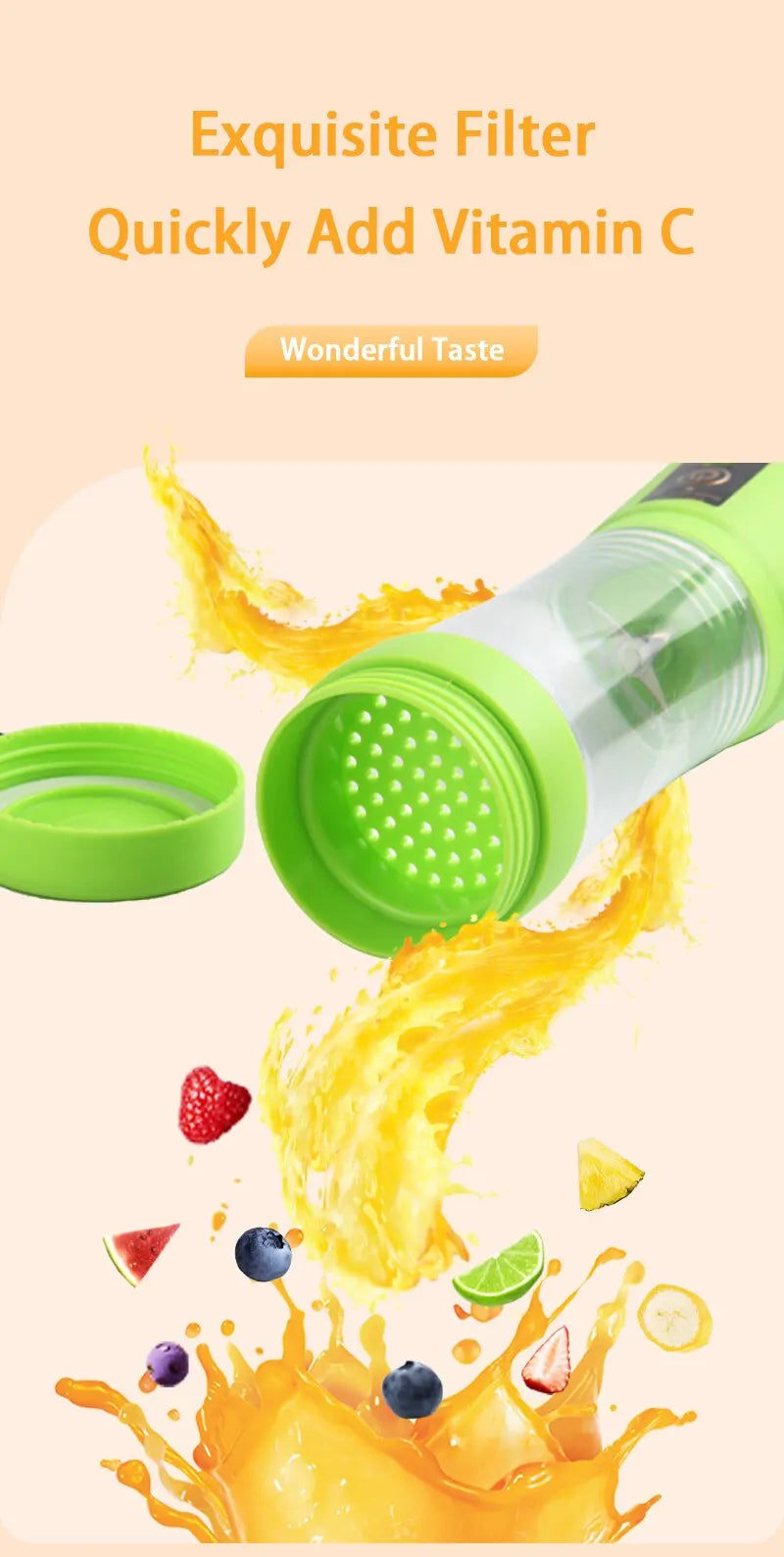 380ml Portable Electric Juicer USB Rechargeable Smoothie Blender Mini Food Processor Fruit Mixer for Travel Camping and Kitchen