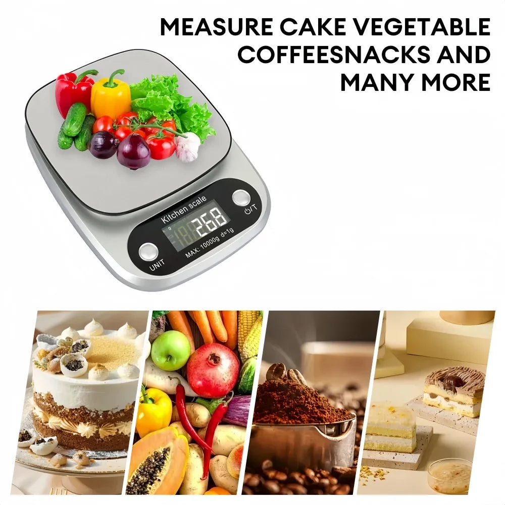 Digital Kitchen Scale 10kg - Stainless Steel LCD Electronic Food Scale