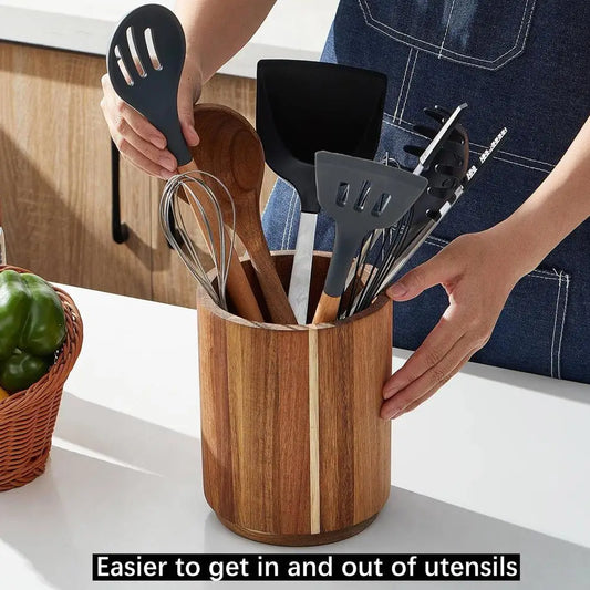 Wooden Kitchen Utensil Holder - Round Countertop Organizer & Storage Box