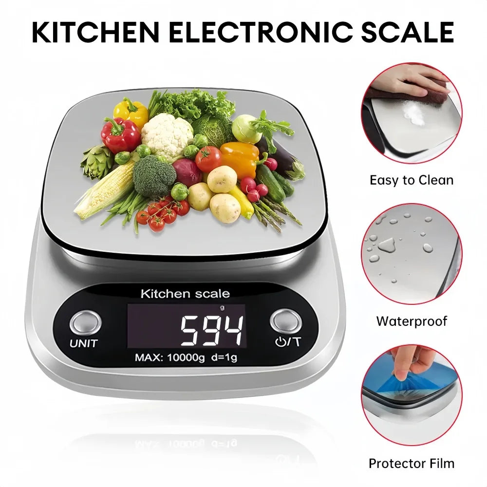 Digital Kitchen Scale 10kg - Stainless Steel LCD Electronic Food Scale