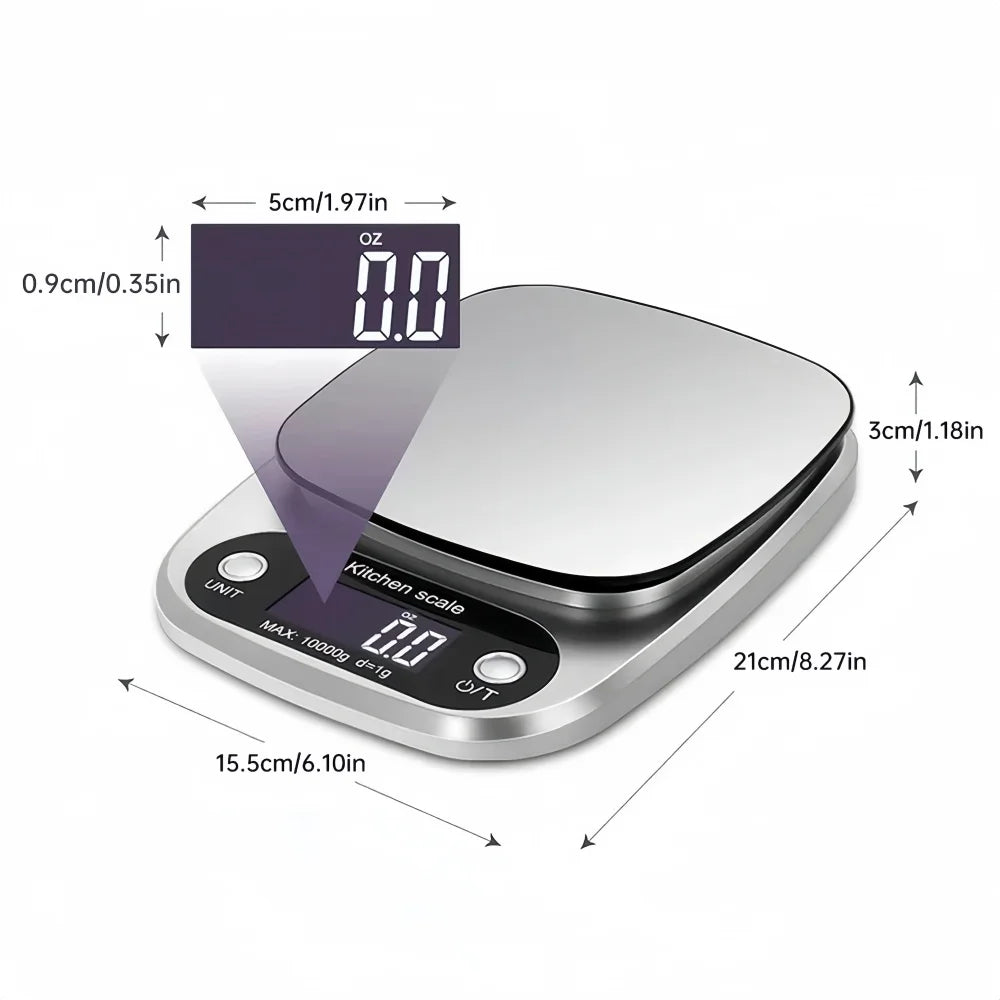 Digital Kitchen Scale 10kg - Stainless Steel LCD Electronic Food Scale
