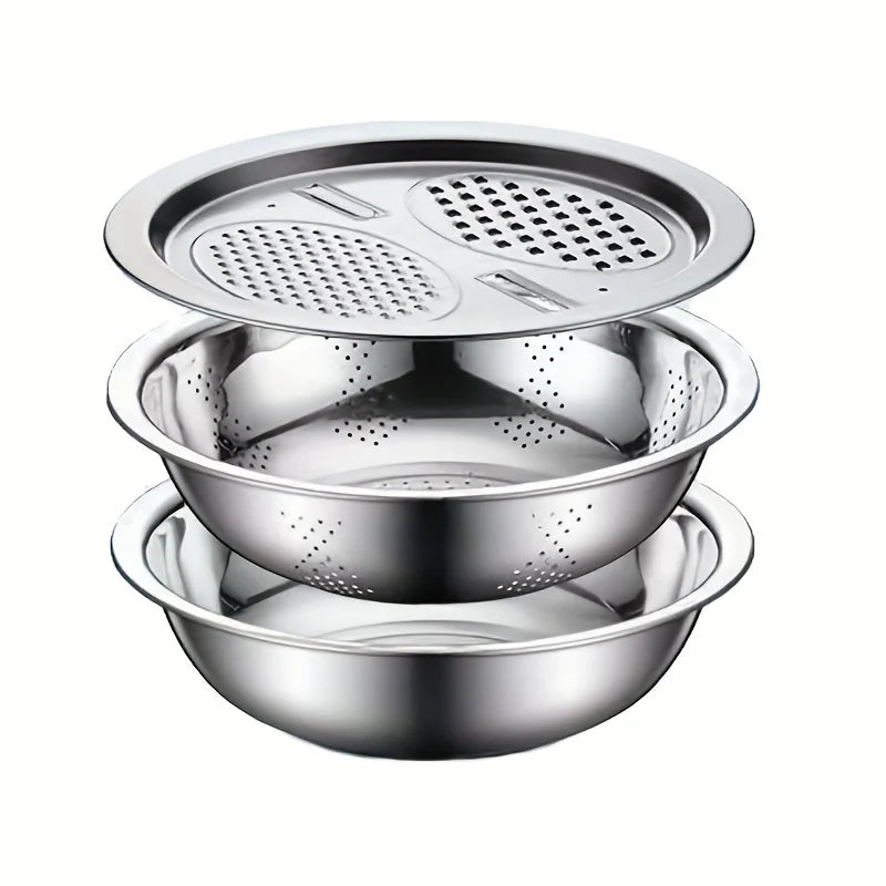 3-Piece Stainless Steel Kitchen Set - Grinder, Multi-Filter & Mixing Bowl