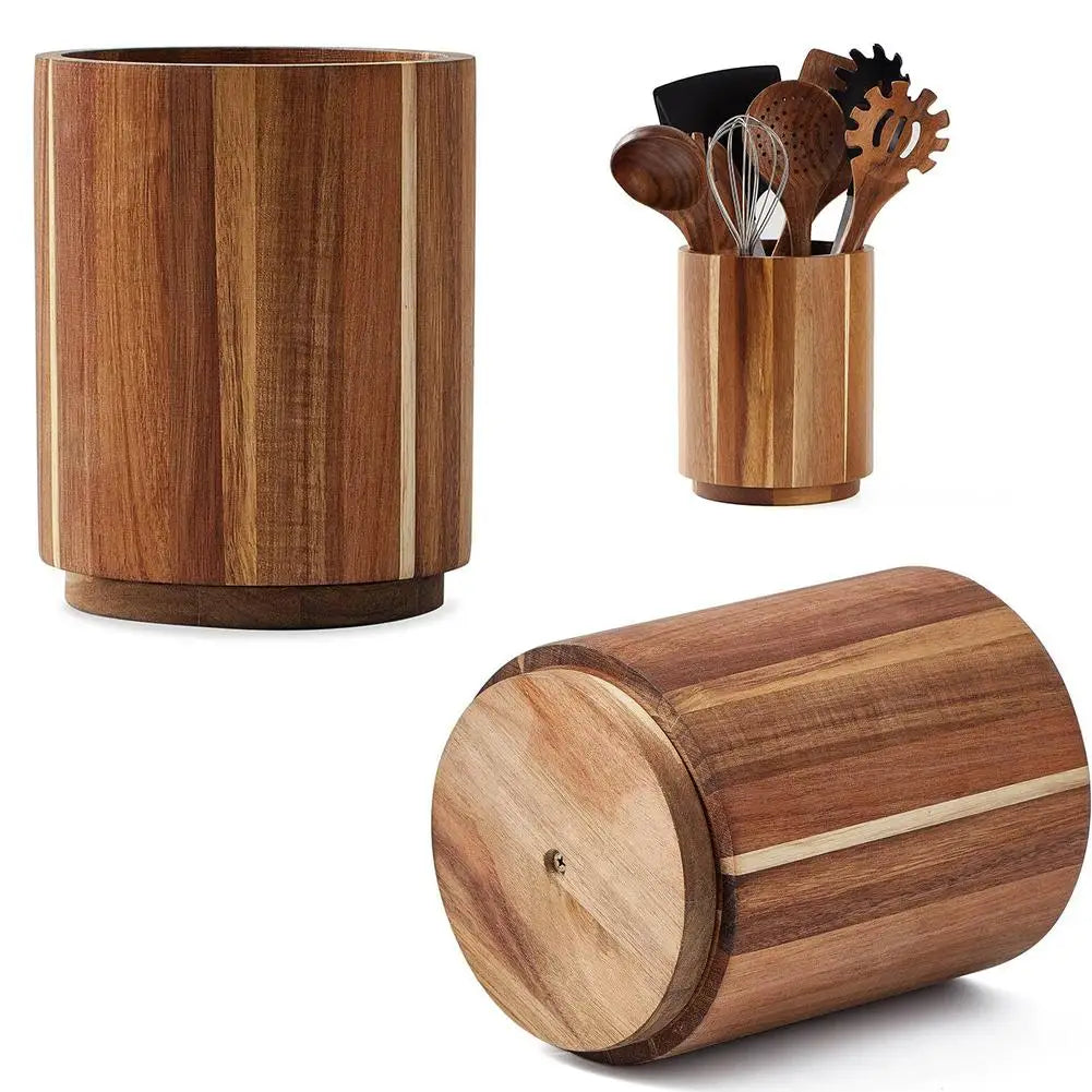 Wooden Kitchen Utensil Holder - Round Countertop Organizer & Storage Box