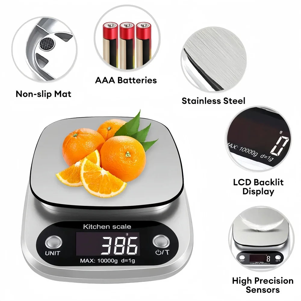 Digital Kitchen Scale 10kg - Stainless Steel LCD Electronic Food Scale