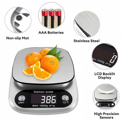 Digital Kitchen Scale 10kg - Stainless Steel LCD Electronic Food Scale