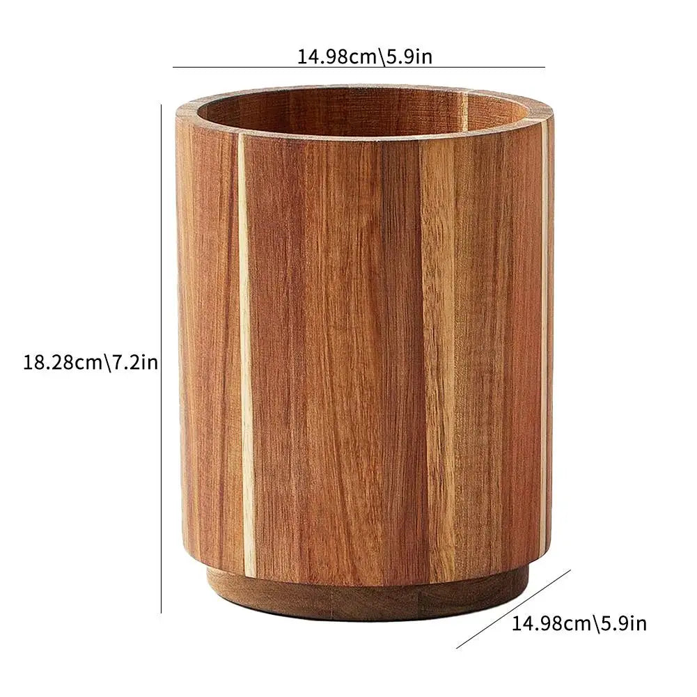 Wooden Kitchen Utensil Holder - Round Countertop Organizer & Storage Box