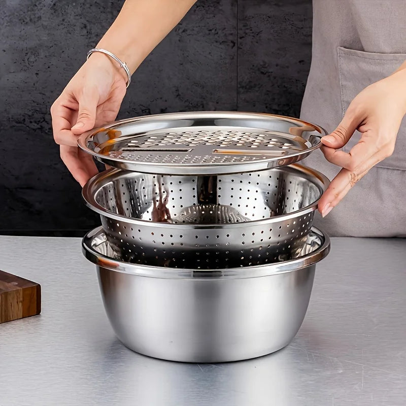 3-Piece Stainless Steel Kitchen Set - Grinder, Multi-Filter & Mixing Bowl