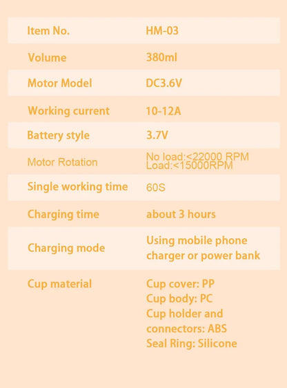 380ml Portable Electric Juicer USB Rechargeable Smoothie Blender Mini Food Processor Fruit Mixer for Travel Camping and Kitchen