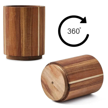 Wooden Kitchen Utensil Holder - Round Countertop Organizer & Storage Box
