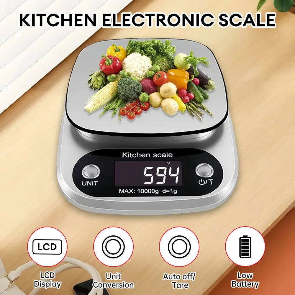 Digital Kitchen Scale 10kg - Stainless Steel LCD Electronic Food Scale
