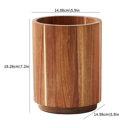 Wooden Kitchen Utensil Holder - Round Countertop Organizer & Storage Box